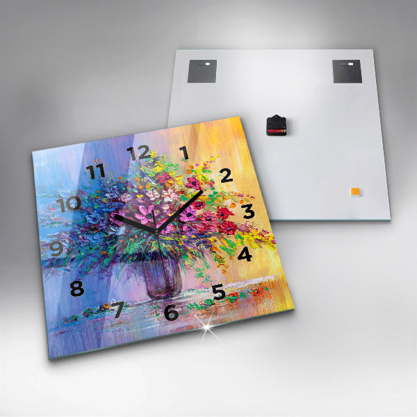 Ceas pătrat de perete din sticlă Flori într-o vază