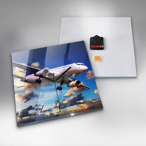 Ceas pătrat de perete din sticlă Avion în nori