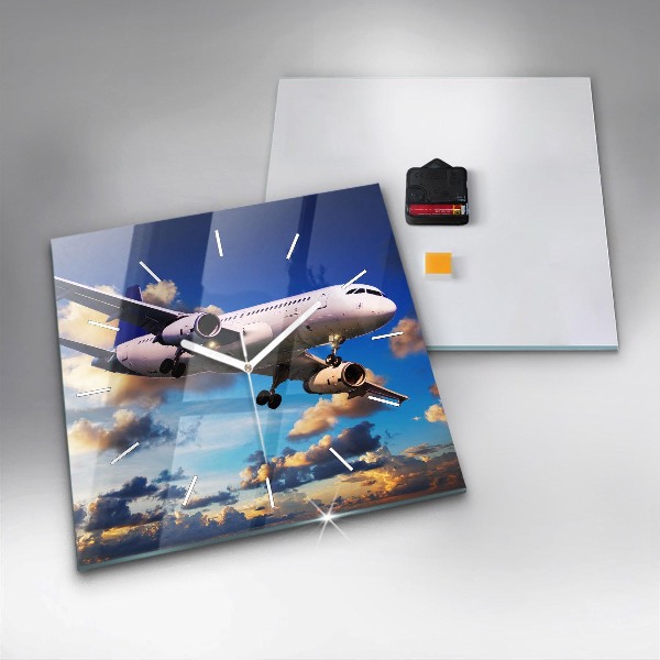 Ceas pătrat de perete din sticlă Avion în nori