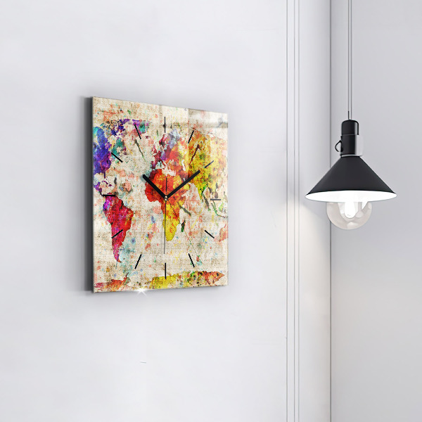 Ceas pătrat de perete din sticlă Harta lumii colorate