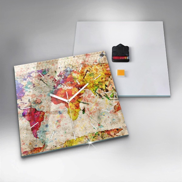 Ceas pătrat de perete din sticlă Harta lumii colorate