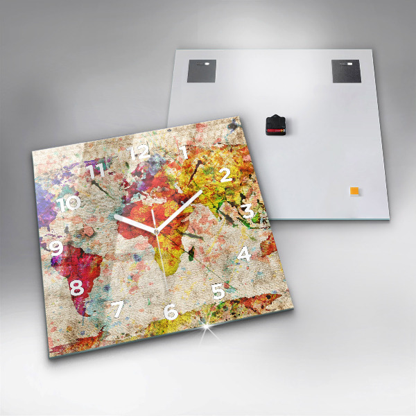 Ceas pătrat de perete din sticlă Harta lumii colorate