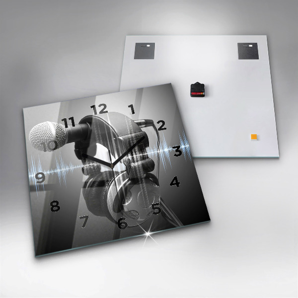 Ceas pătrat de perete din sticlă Microfon și căști