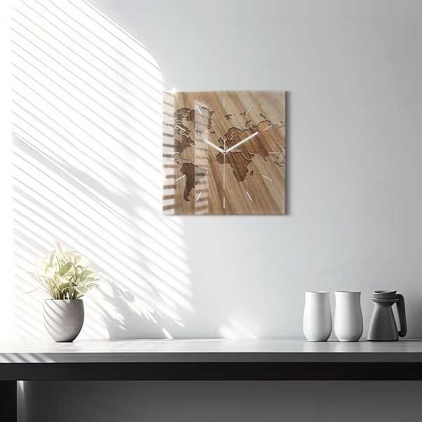 Ceas pătrat de perete din sticlă Harta lumii pe lemn