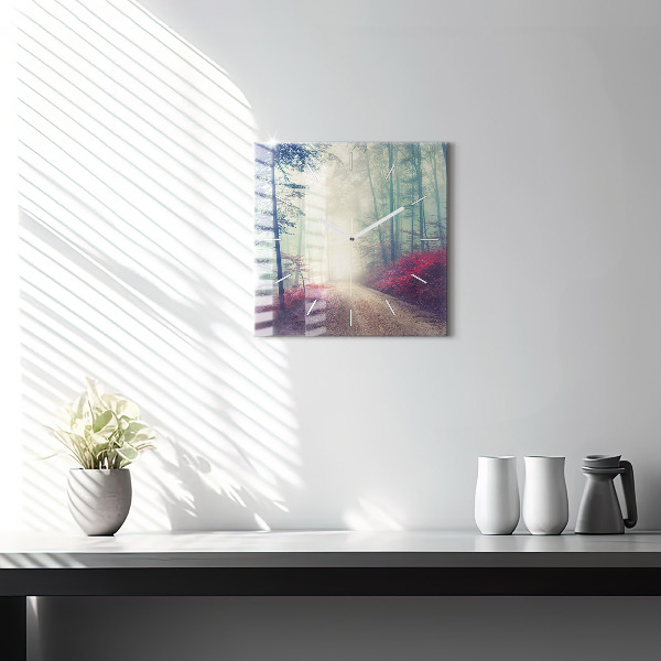 Ceas pătrat de perete din sticlă Drum de toamnă pădure ceață