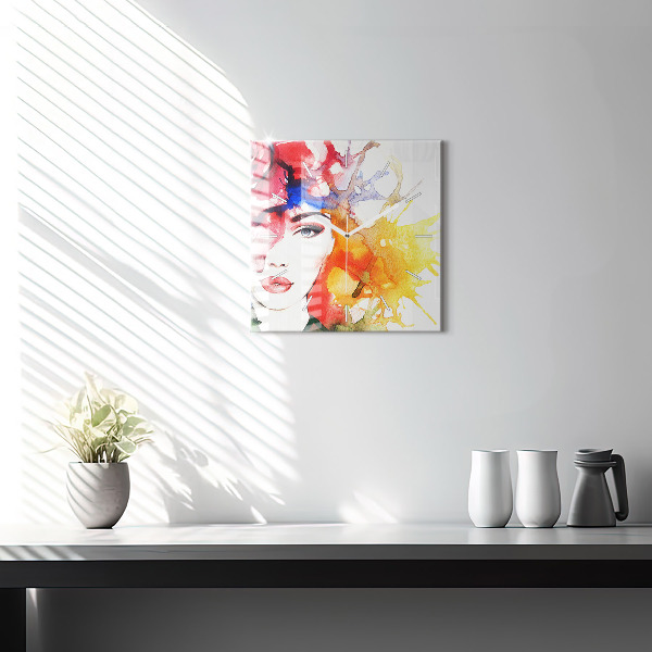 Ceas pătrat de perete din sticlă Portretul colorat al unei femei