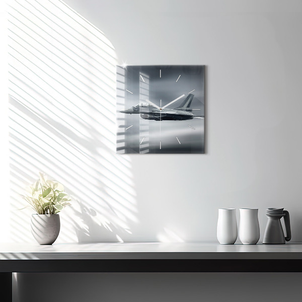 Ceas pătrat de perete din sticlă Avion militar în zbor