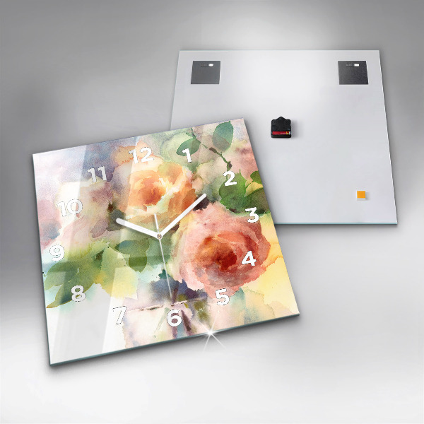 Ceas pătrat de perete din sticlă Trandafiri într-o vază de acuarelă