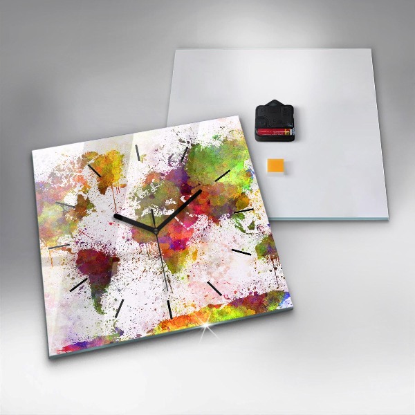 Ceas pătrat de perete din sticlă Harta lumii acuarela