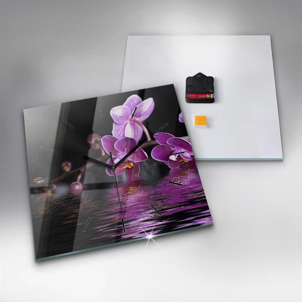 Ceas pătrat de perete din sticlă Floare de orhidee pe apă