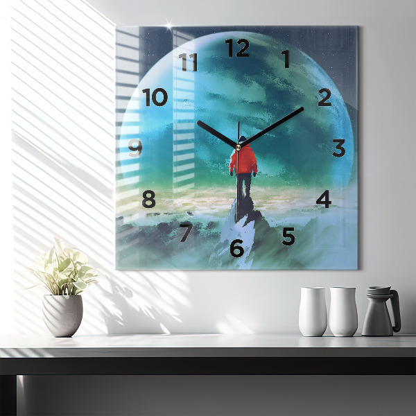Ceas pătrat de perete din sticlă Omul pe lună