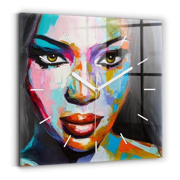 Ceas pătrat de perete din sticlă Chipul colorat de femeie