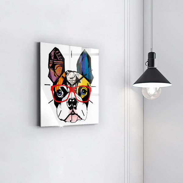 Ceas pătrat de perete din sticlă Bulldog francez cu ochelari