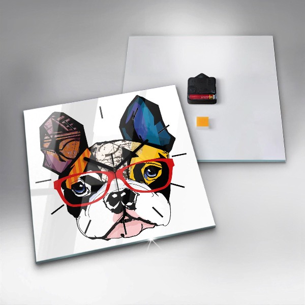 Ceas pătrat de perete din sticlă Bulldog francez cu ochelari