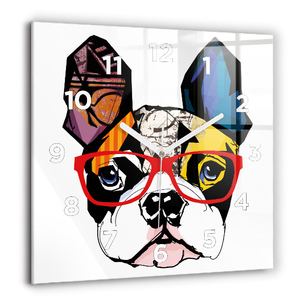 Ceas pătrat de perete din sticlă Bulldog francez cu ochelari