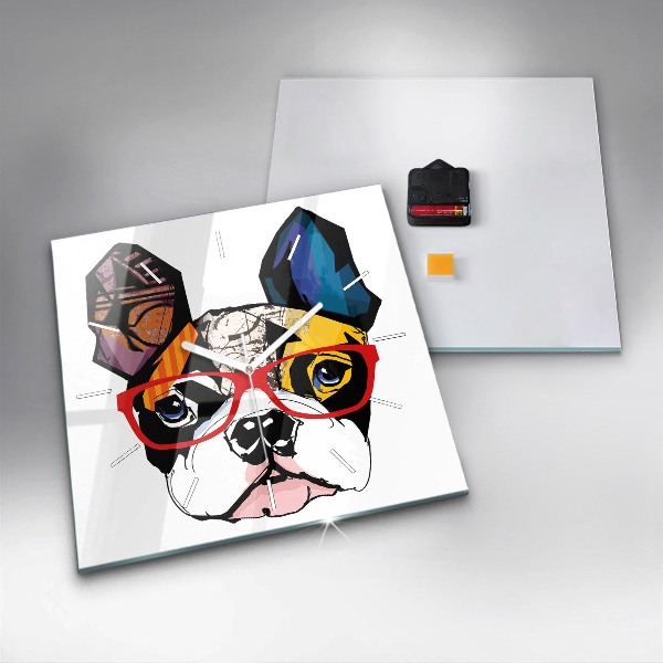 Ceas pătrat de perete din sticlă Bulldog francez cu ochelari
