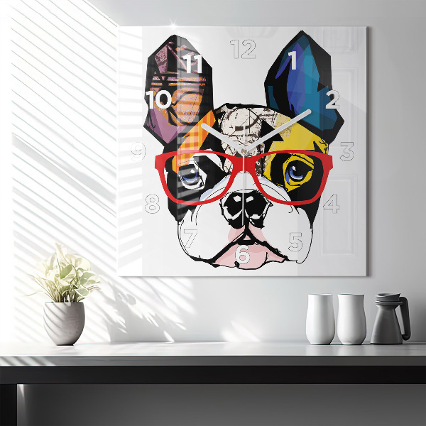Ceas pătrat de perete din sticlă Bulldog francez cu ochelari