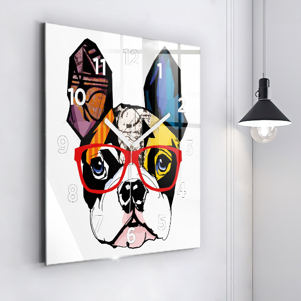Ceas pătrat de perete din sticlă Bulldog francez cu ochelari