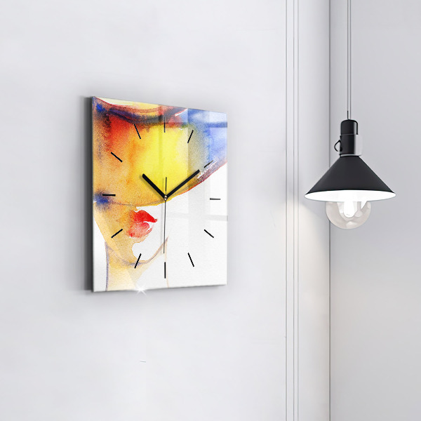 Ceas pătrat de perete din sticlă Femeie cu pălărie
