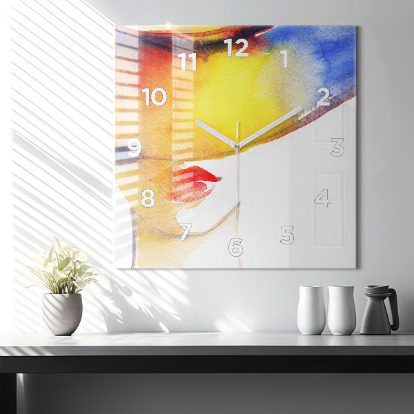 Ceas pătrat de perete din sticlă Femeie cu pălărie