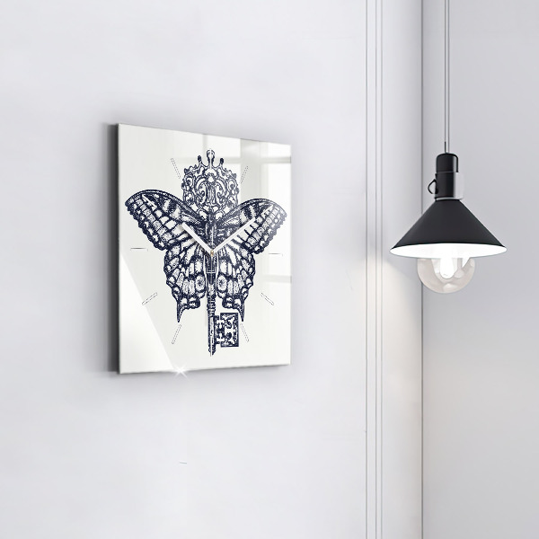 Ceas pătrat de perete din sticlă Fluture și cheie - stil boho