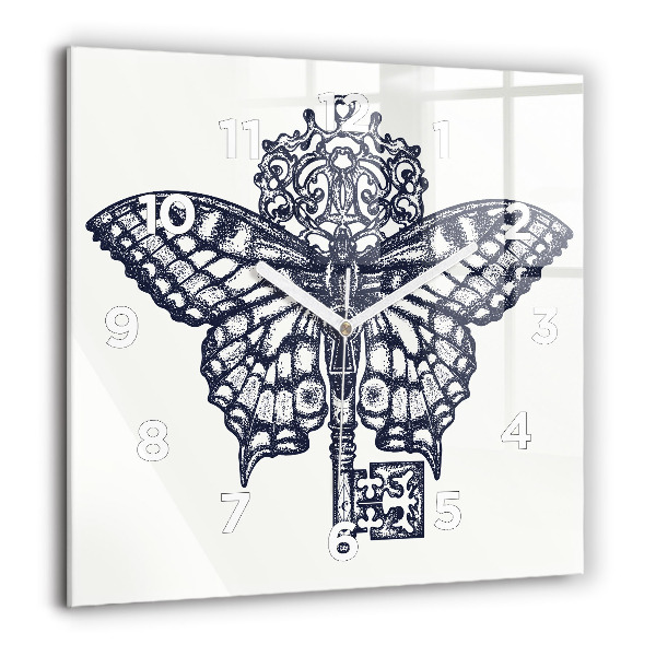 Ceas pătrat de perete din sticlă Fluture și cheie - stil boho