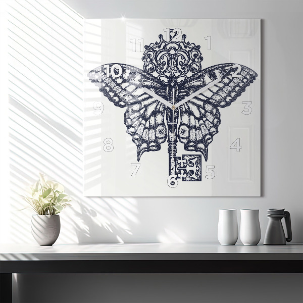 Ceas pătrat de perete din sticlă Fluture și cheie - stil boho
