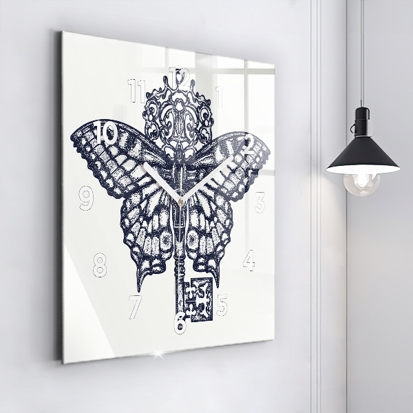 Ceas pătrat de perete din sticlă Fluture și cheie - stil boho