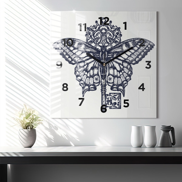 Ceas pătrat de perete din sticlă Fluture și cheie - stil boho