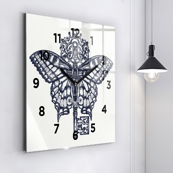 Ceas pătrat de perete din sticlă Fluture și cheie - stil boho