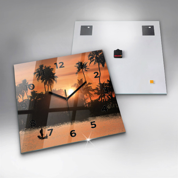 Ceas pătrat de perete din sticlă Apus de soare și palmieri