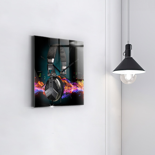 Ceas pătrat de perete din sticlă Căști și unde sonore