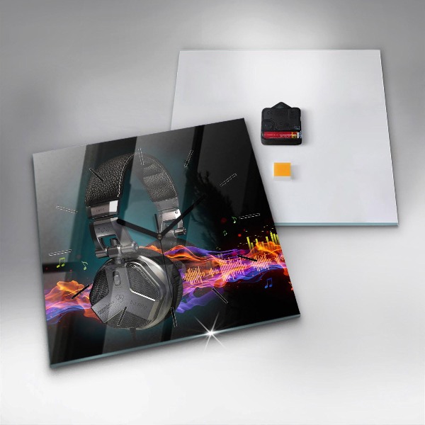 Ceas pătrat de perete din sticlă Căști și unde sonore