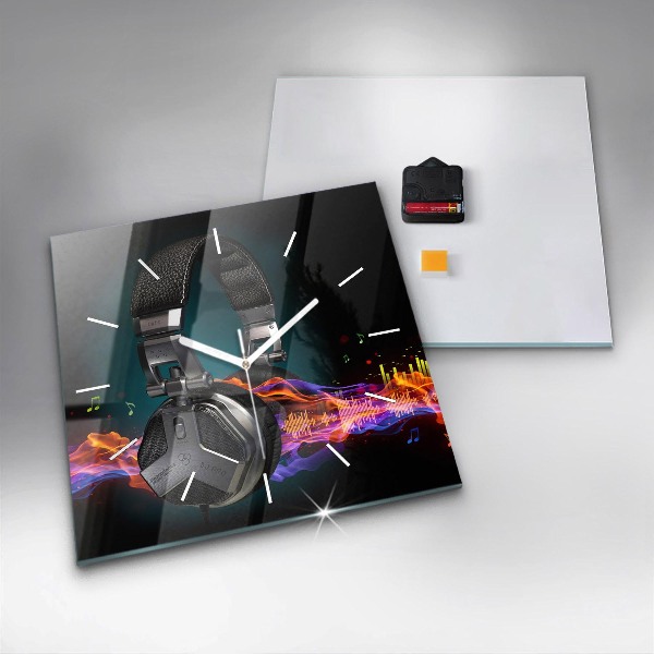 Ceas pătrat de perete din sticlă Căști și unde sonore