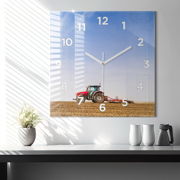 Ceas pătrat de perete din sticlă Fermier într-un tractor