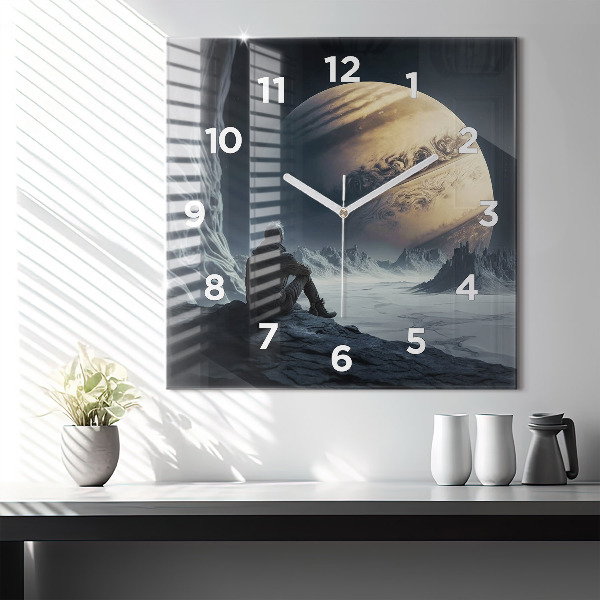 Ceas pătrat de perete din sticlă Omul pe fundalul lunii