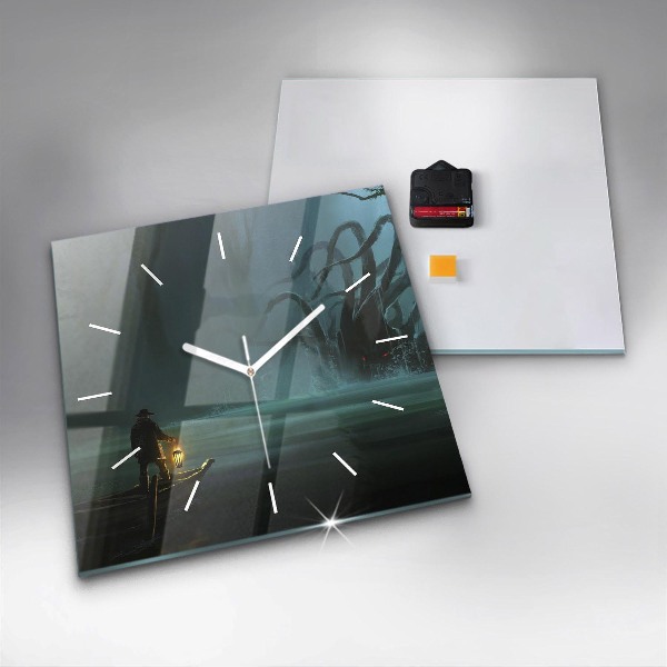 Ceas pătrat de perete din sticlă Om și monstru în mlaștină