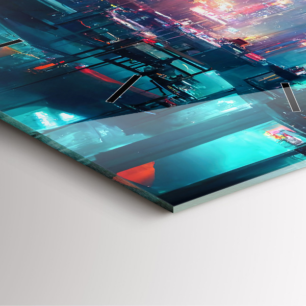 Ceas pătrat de perete din sticlă Un oraș în stil cyberpunk