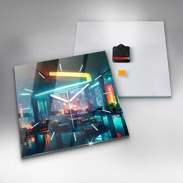 Ceas pătrat de perete din sticlă Un oraș în stil cyberpunk