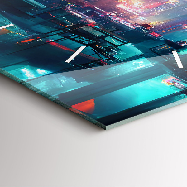 Ceas pătrat de perete din sticlă Un oraș în stil cyberpunk