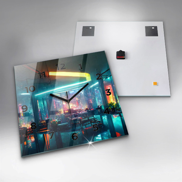 Ceas pătrat de perete din sticlă Un oraș în stil cyberpunk
