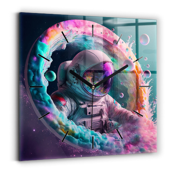 Ceas pătrat de perete din sticlă Cosmonaut și nori colorați