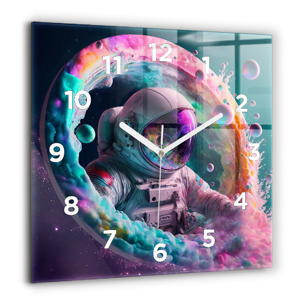 Ceas pătrat de perete din sticlă Cosmonaut și nori colorați