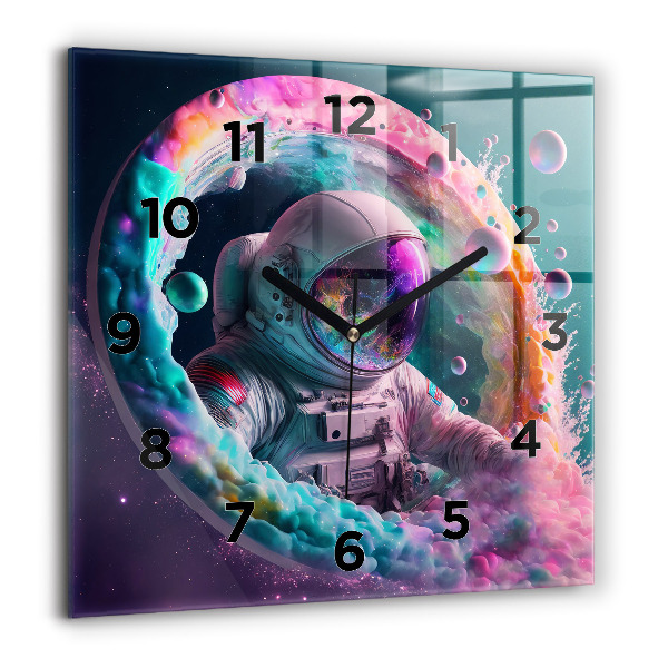 Ceas pătrat de perete din sticlă Cosmonaut și nori colorați