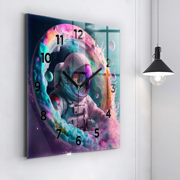 Ceas pătrat de perete din sticlă Cosmonaut și nori colorați
