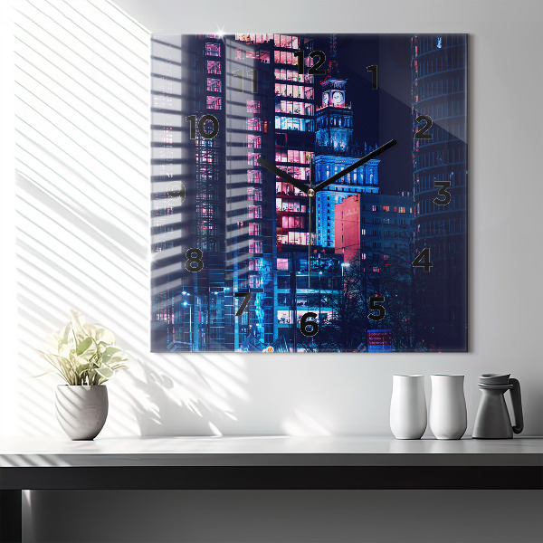 Ceas pătrat de perete din sticlă Varșovia noaptea