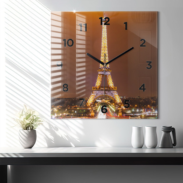 Ceas pătrat de perete din sticlă Turnul Eiffel iluminat