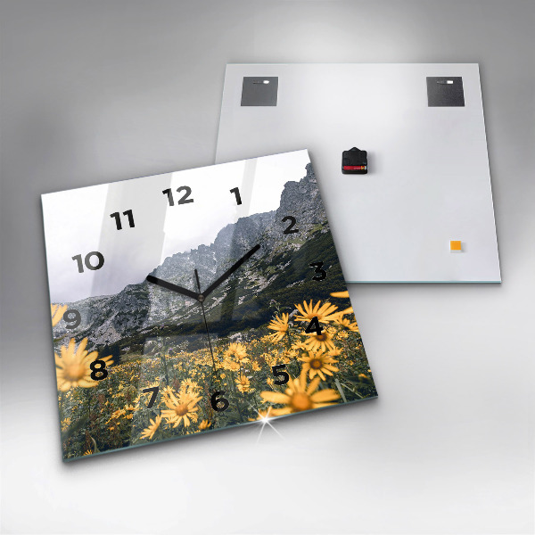 Ceas pătrat de perete din sticlă Lunca de flori în munți