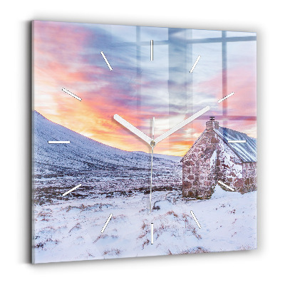 Ceas pătrat de perete din sticlă Cabană la munte