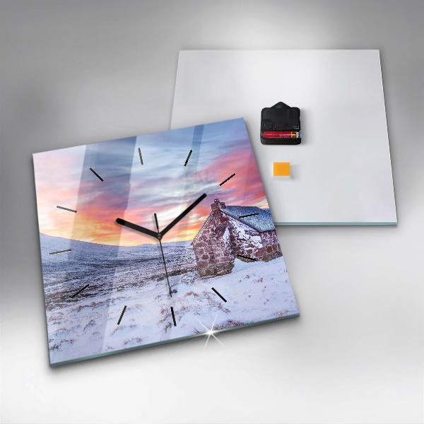 Ceas pătrat de perete din sticlă Cabană la munte